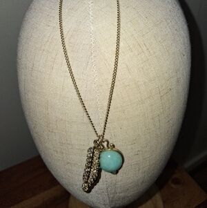 Gold Tone Feather Faux Turquoise Stone, Flower With Mustard Seed Necklace